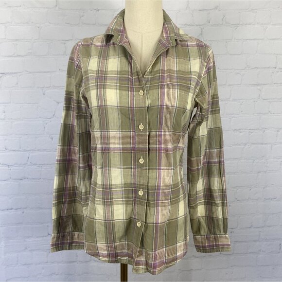 Vintage 70s Gap 100% Cotton Medium Green Beige Purple Plaid Button Up Shirt - Picture 1 of 9